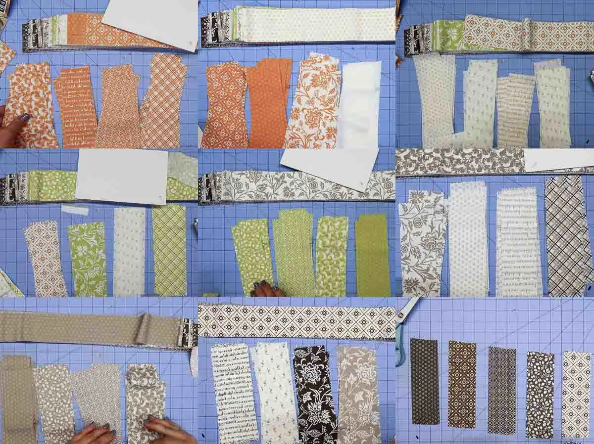Grid of 9 pictures showing all the colors and patterns in the fabric jelly roll.