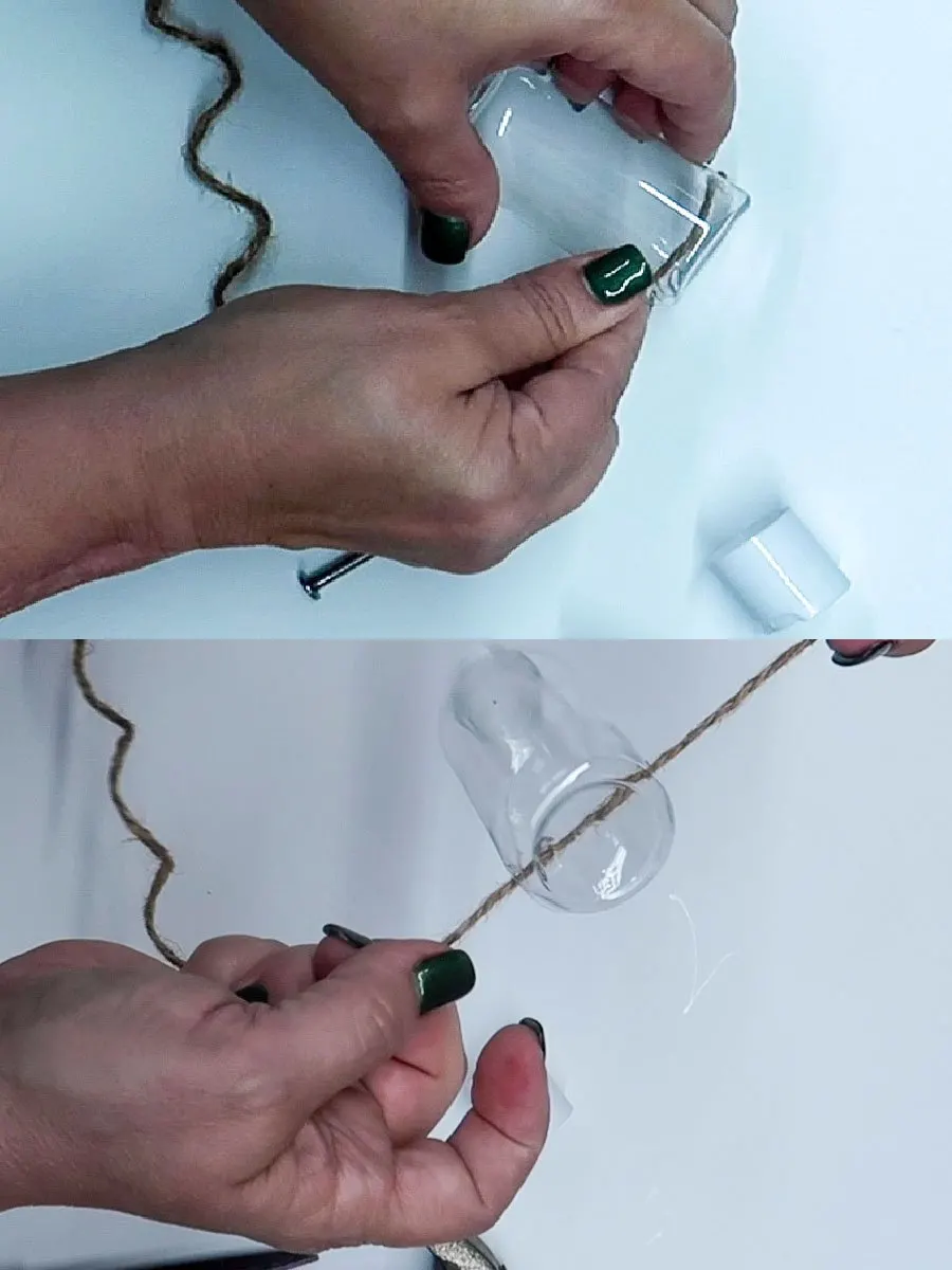 Series of two images showing (1) twine being threaded through holes in a small container and (2) the container after the twine was threaded all the way through both holes.